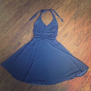 Polka dot navy blue halter dress